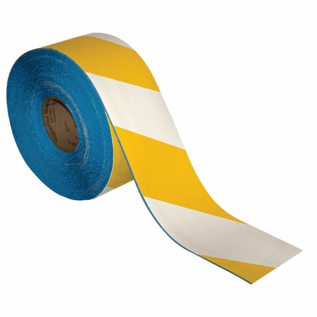 SUPERIOR MARK Floor Marking Tape, 4in x 100Ft , Yellow/White Hazard Stripe IN-50-205I